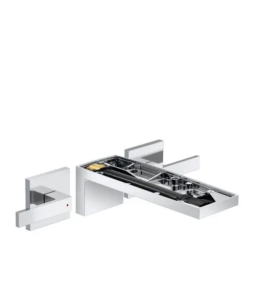 AXOR Waschtischarmatur in Chrom mit separatem Bedienhebel und einem Auslauf, der an einer Wand montiert ist. Das Design ist schlicht und funktional.